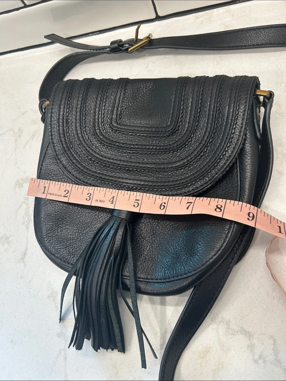 Fossil Emi Leather Tassel Crossbody Black Saddle Bag
